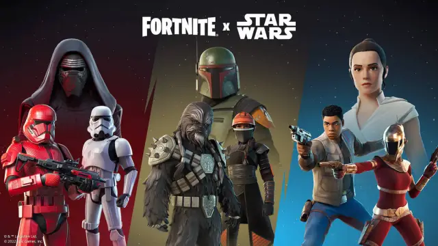 Een verzameling personages uit Star Wars en hun nieuwe bijbehorende outfits in Fortnite.