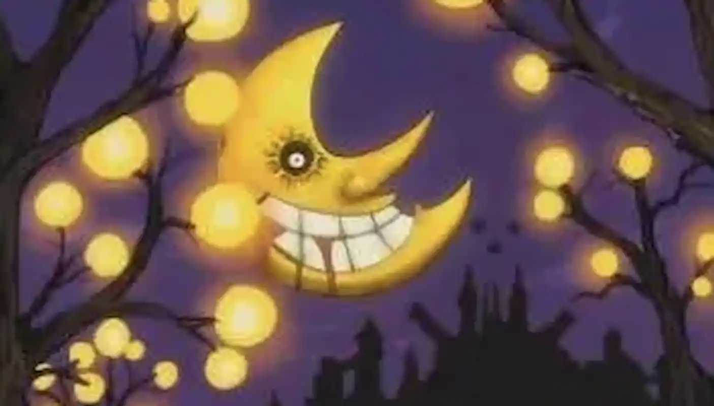 Anime lachende maan met bloed dat uit zijn mond komt