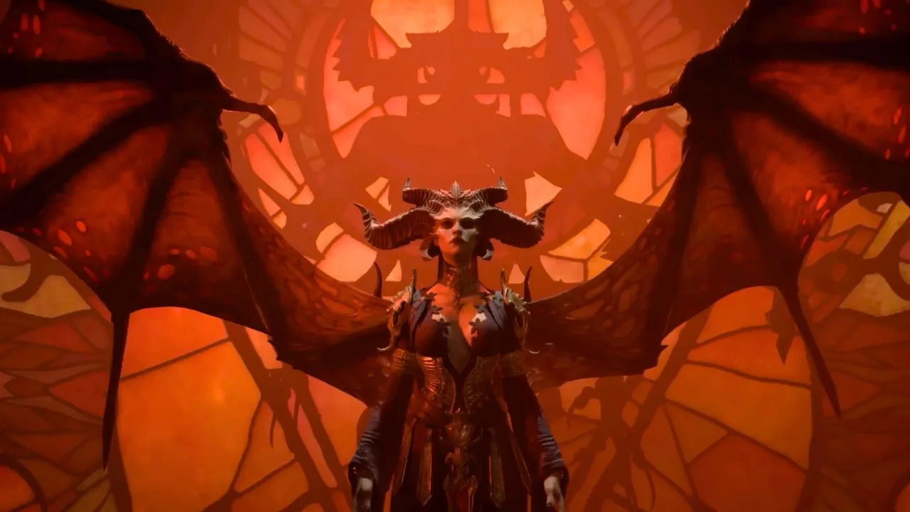 Een vrouw met hoorns en vleugels voor glas in lood in Diablo 4