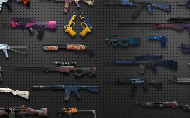 Een assortiment Counter-Strike-wapens op een muur met verschillende verfafwerkingen.
