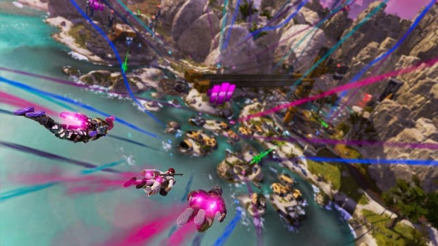 Een team Legends komt langs met kleurrijke verfsporen richting een eiland in Apex Legends.