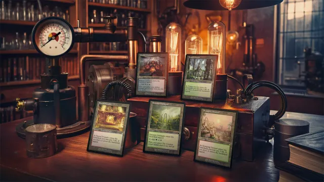 Vijf MTG-kaarten bevinden zich in een bibliotheek met een oud thema, met een aantal gadgets eromheen.