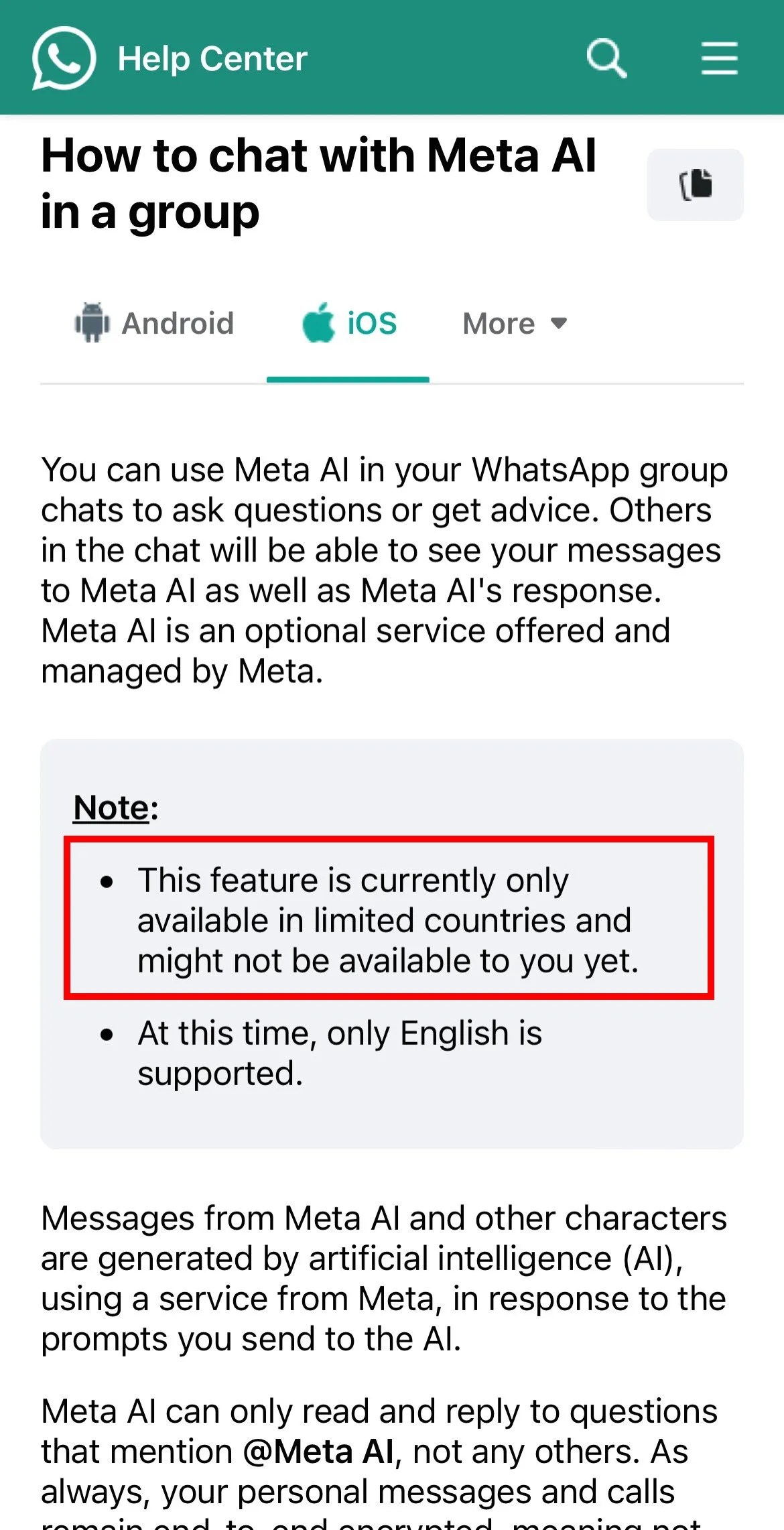 Meta AI laat WhatsApp niet zien